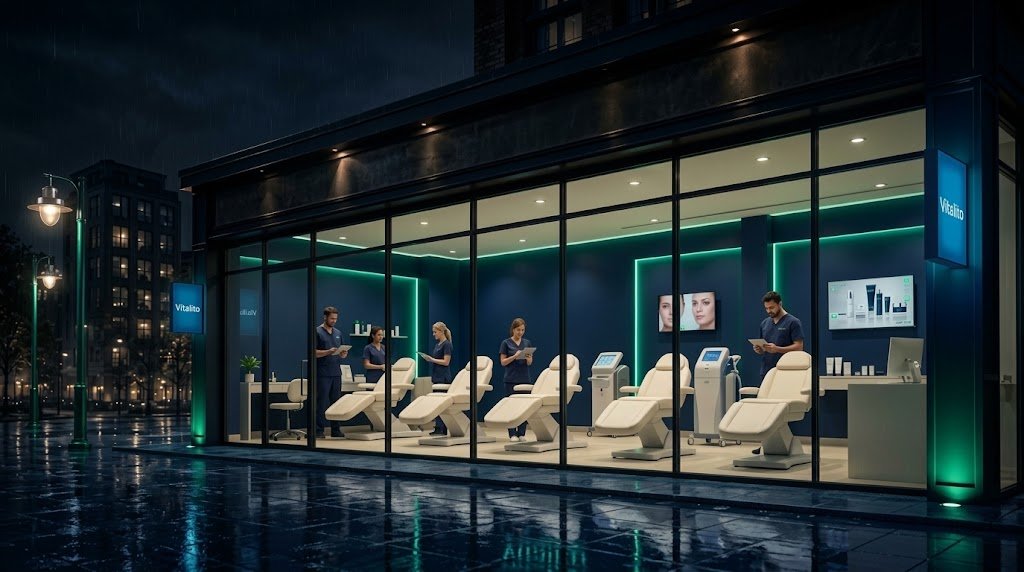 Before: the clinic at night with empty treatment chairs and staff waiting