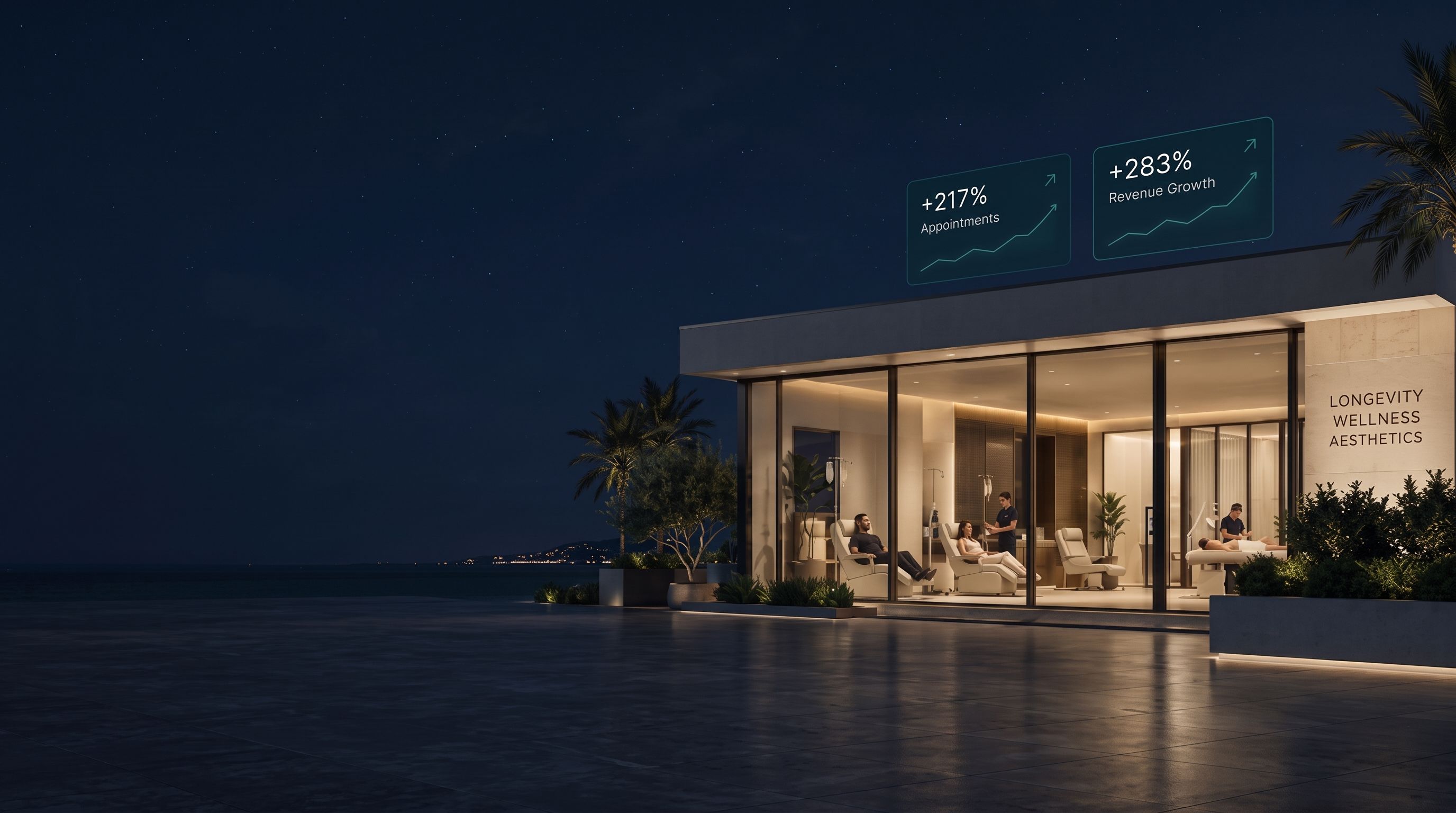 Longevity, wellness and aesthetics clinic at night with patients in treatment chairs, and growth stats above the roofline